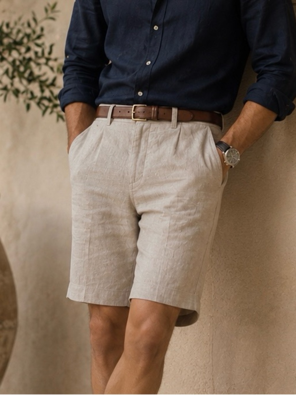 The Men's Store Light Beige Flat Front Linen-Blend Shorts
